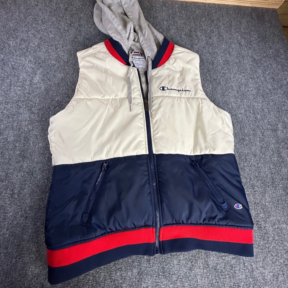 Champion Mens Puffer Vest Hooded Colorblock Navy White Red Ripstop Large J4380